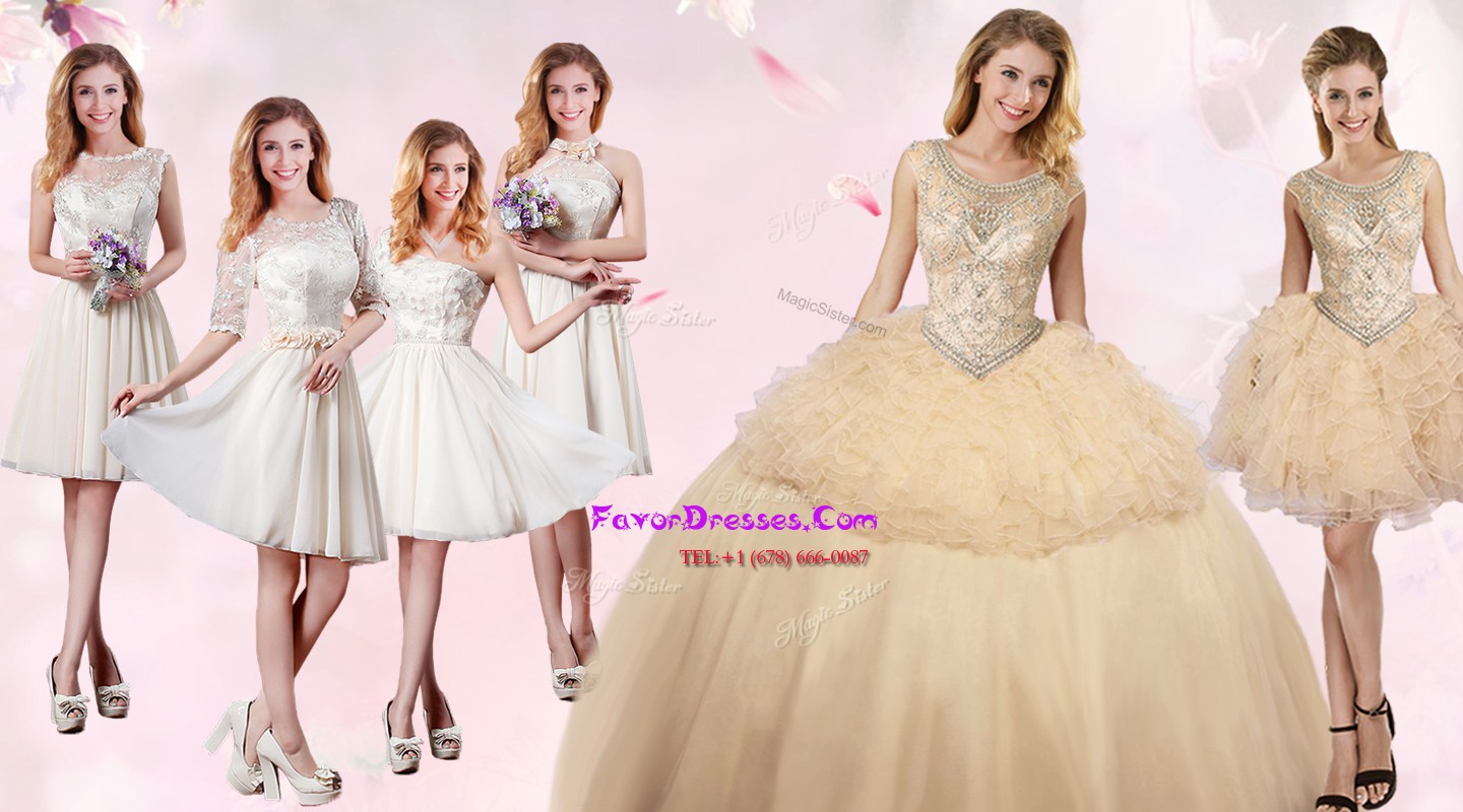 Colorful Scoop Champagne Ball Gowns Beading and Ruffles 15 Quinceanera Dress Lace Up Organza and Tulle Sleeveless Floor Length