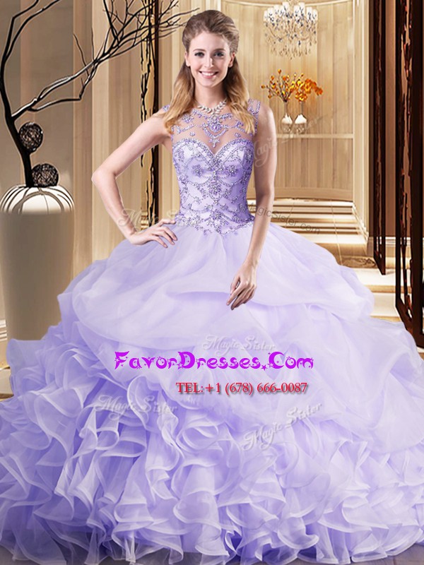  Lavender Scoop Neckline Beading and Ruffles and Pick Ups Quinceanera Dress Sleeveless Lace Up