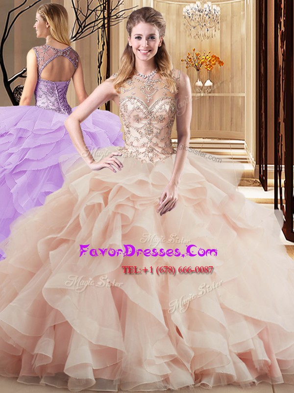  Peach Quinceanera Gowns Scoop Sleeveless Brush Train Lace Up