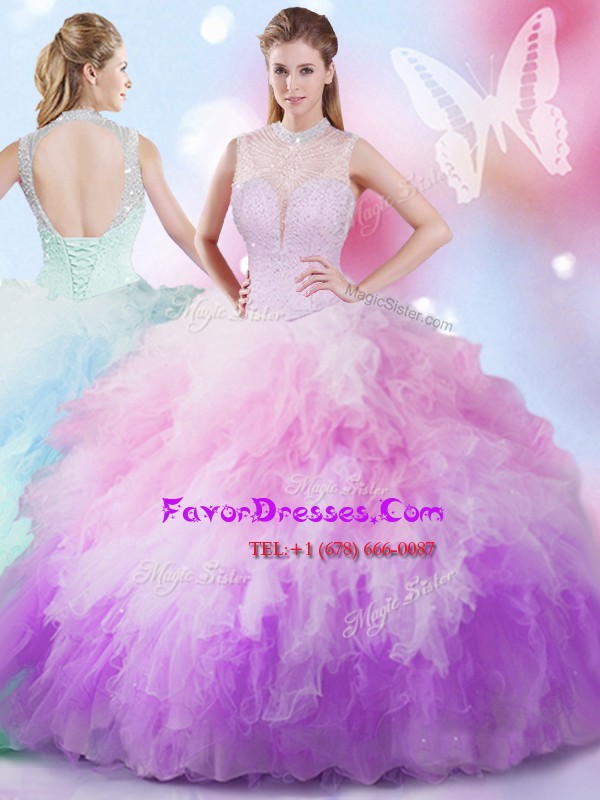 Glorious Multi-color High-neck Neckline Beading and Ruffles Quinceanera Dress Sleeveless Lace Up