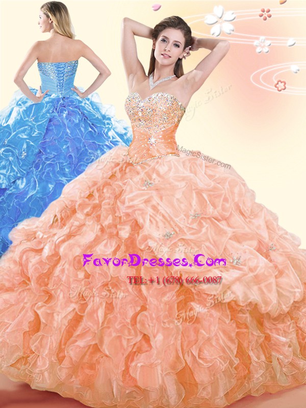 Amazing Orange Ball Gowns Sweetheart Sleeveless Organza Floor Length Lace Up Beading and Ruffles and Pick Ups 15th Birthday Dress