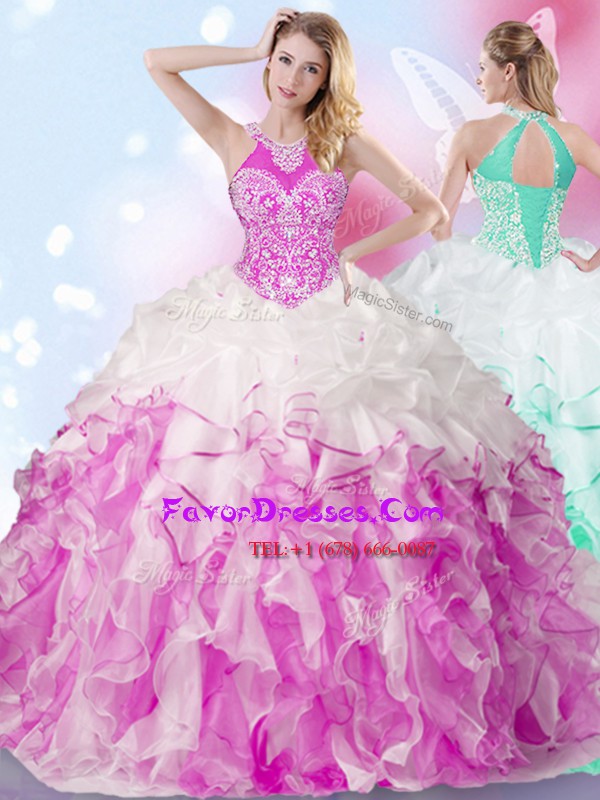 Enchanting Multi-color 15 Quinceanera Dress Military Ball and Sweet 16 and Quinceanera and For with Beading and Ruffles and Pick Ups Halter Top Sleeveless Lace Up