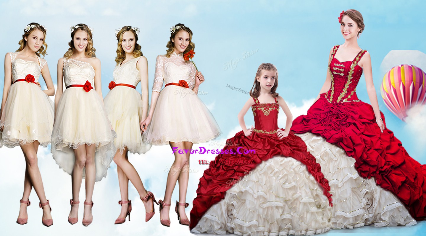 Designer Straps Sleeveless Ball Gown Prom Dress With Brush Train Beading and Ruffles and Pick Ups White And Red Organza and Taffeta