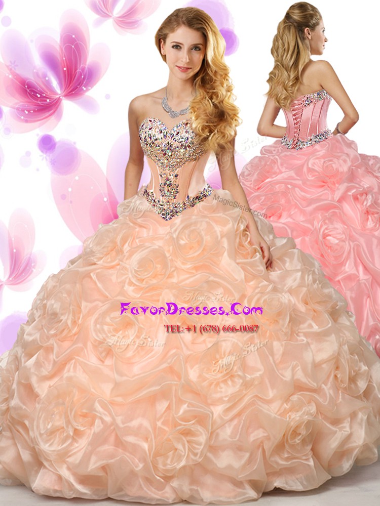  Peach Sweetheart Lace Up Beading and Pick Ups Vestidos de Quinceanera Sleeveless