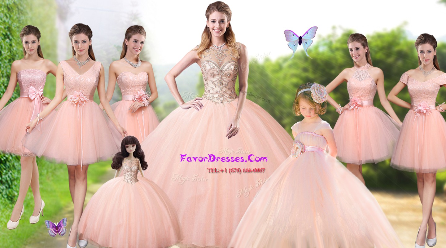 Best Selling Peach Ball Gowns Beading 15 Quinceanera Dress Lace Up Tulle Sleeveless Floor Length