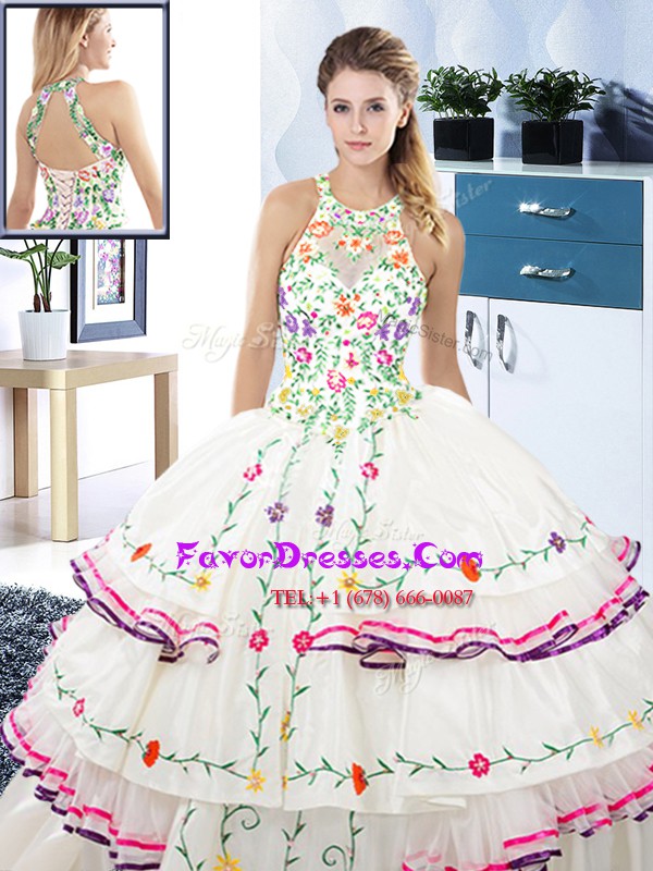 Exquisite White Halter Top Neckline Embroidery and Ruffled Layers Quinceanera Gown Sleeveless Lace Up