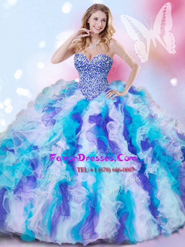  Multi-color Organza Lace Up Sweetheart Sleeveless Vestidos de Quinceanera Beading and Ruffles