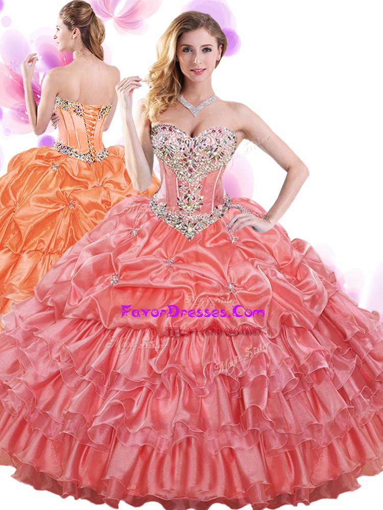  Organza Sweetheart Sleeveless Lace Up Beading and Ruffled Layers and Pick Ups Ball Gown Prom Dress in Watermelon Red