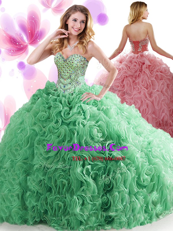 Latest Organza and Fabric With Rolling Flowers Sweetheart Sleeveless Sweep Train Lace Up Beading and Ruffles Sweet 16 Dress in Turquoise