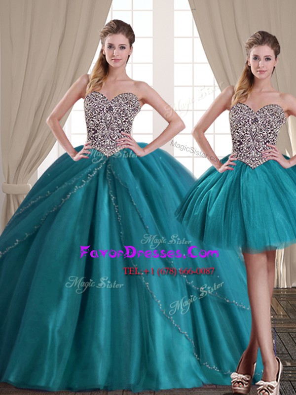 Unique Three Piece Teal Quinceanera Dresses Military Ball and Sweet 16 and Quinceanera and For with Beading Sweetheart Sleeveless Brush Train Lace Up