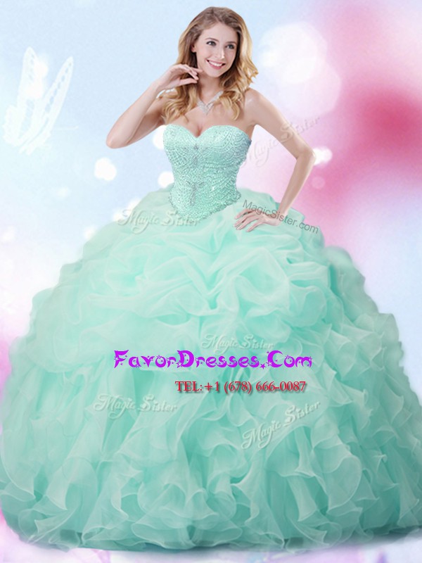  Sleeveless With Train Beading and Ruffles and Pick Ups Lace Up Vestidos de Quinceanera with Apple Green Brush Train