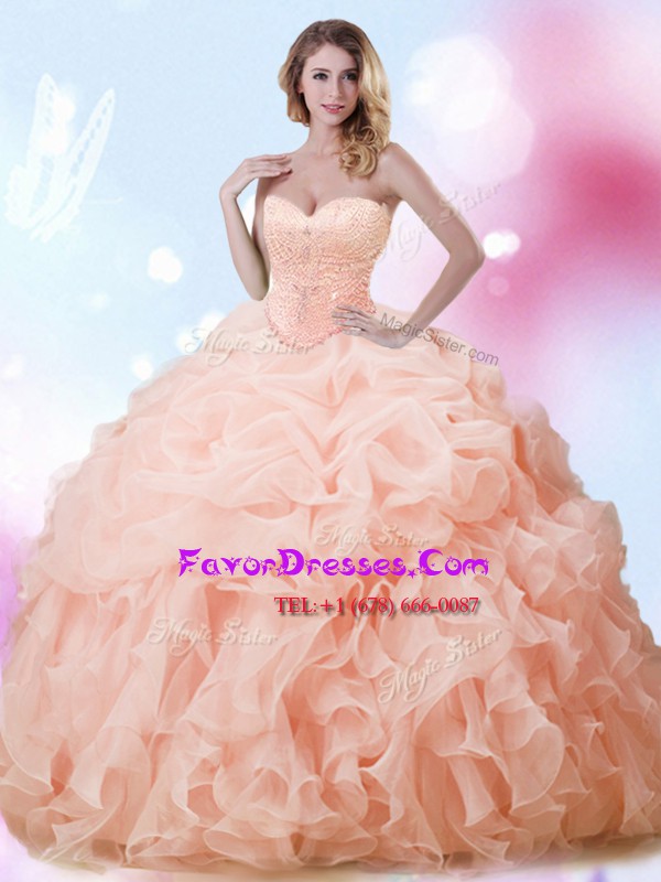 Clearance Peach Ball Gowns Sweetheart Sleeveless Organza With Brush Train Lace Up Beading and Ruffles and Pick Ups 15th Birthday Dress