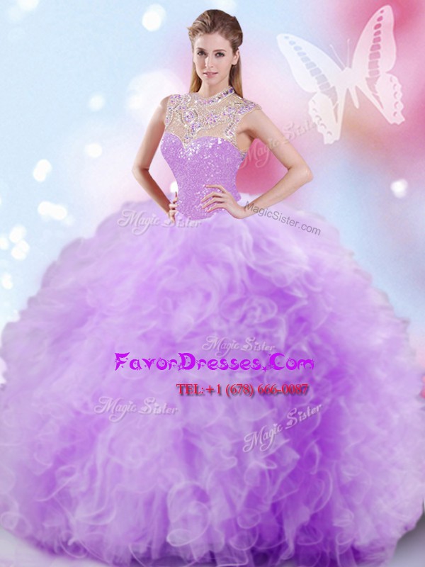  Sequins Floor Length Ball Gowns Sleeveless Lavender Sweet 16 Dresses Zipper