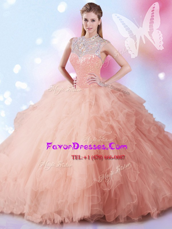 Sweet Peach Ball Gowns Tulle High-neck Sleeveless Beading and Ruffles and Sequins Floor Length Zipper Sweet 16 Dresses