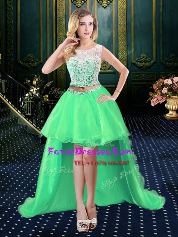 Beauteous Clasp Handle Scoop Sleeveless Prom Dress High Low Lace Organza