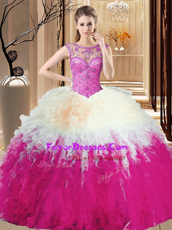 Delicate Tulle High-neck Sleeveless Backless Beading and Ruffles Sweet 16 Dress in Multi-color