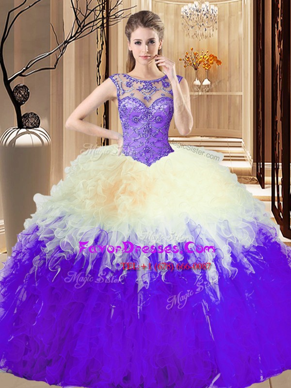  Backless Multi-color Sleeveless Beading and Ruffles Floor Length Sweet 16 Dresses