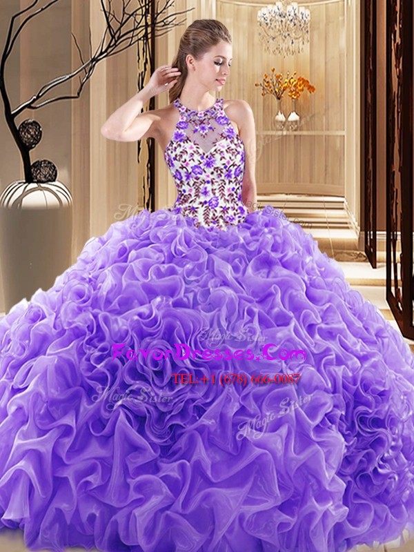 Fashionable High-neck Sleeveless Organza Quinceanera Gown Embroidery and Ruffles Brush Train Backless