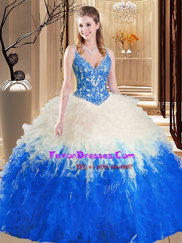  Straps Blue And White Sleeveless Floor Length Lace and Ruffles Lace Up Ball Gown Prom Dress