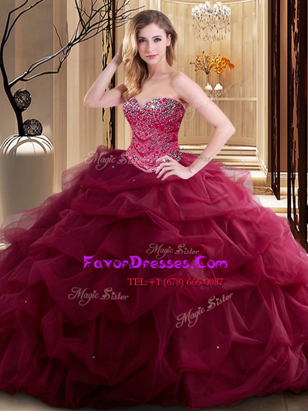 Stylish Burgundy Ball Gown Prom Dress Military Ball and Sweet 16 and Quinceanera and For with Beading and Ruffles Sweetheart Sleeveless Lace Up