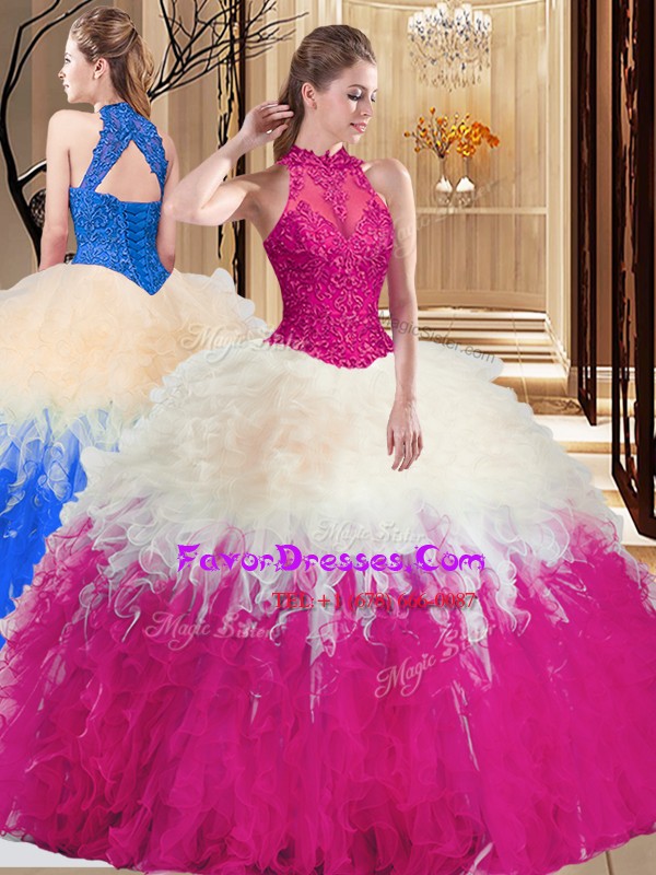  Floor Length Backless Sweet 16 Dress Multi-color for Military Ball and Sweet 16 and Quinceanera with Lace and Appliques and Ruffles