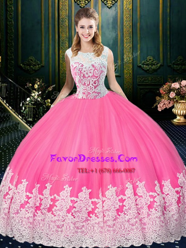  Scoop Sleeveless Tulle Floor Length Zipper Sweet 16 Dresses in Rose Pink with Lace and Appliques