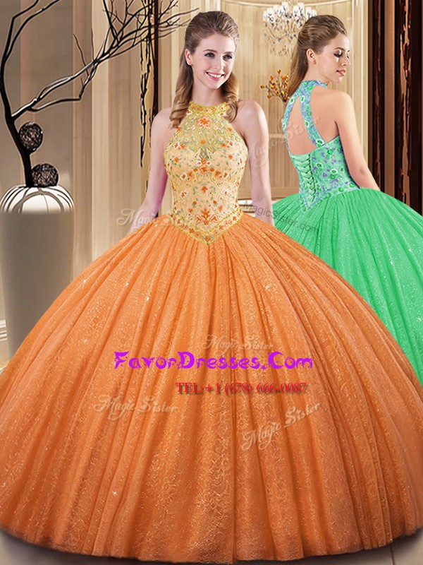  Tulle High-neck Sleeveless Backless Embroidery and Hand Made Flower Ball Gown Prom Dress in Orange