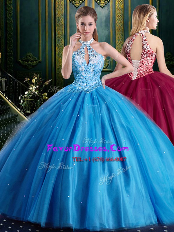 Free and Easy Halter Top Sleeveless Floor Length Beading and Lace and Appliques Lace Up Ball Gown Prom Dress with Baby Blue