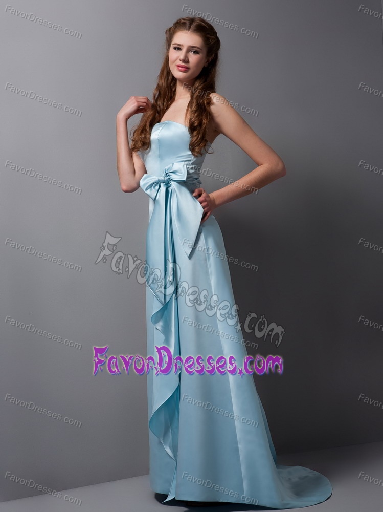Customize Baby Blue Strapless Bridesmaid Long Dress in Satin with Bowknot