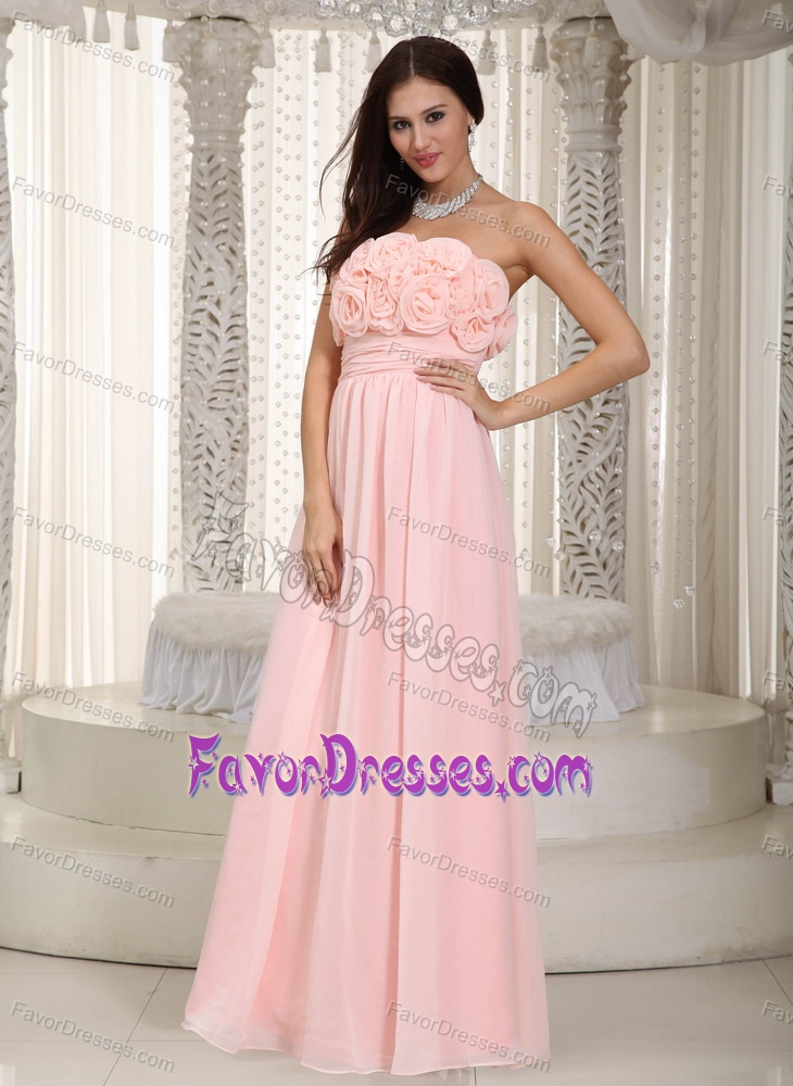 Baby Pink Empire Strapless Chiffon Bridesmaid Dress with Hand Made Flowers