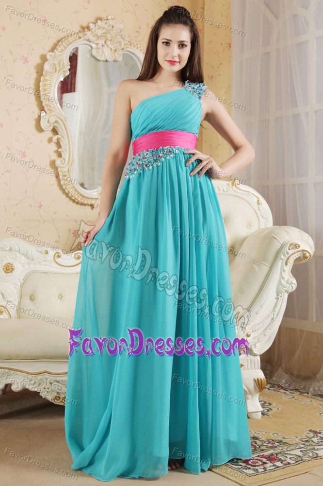 Teal Empire One Shoulder Prom Bridesmaid Dresses in Chiffon with Ruching