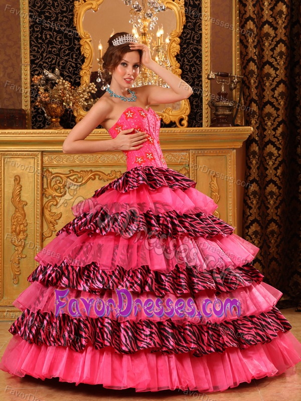 Provocative Sweetheart Hot Pink Quinceanera Dress in Organza and Zebra