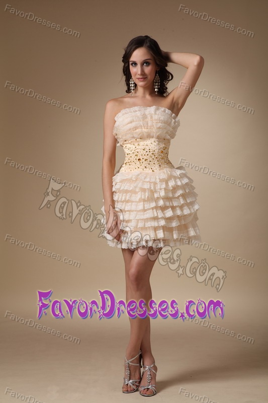 Strapless Mini-length Champagne Prom Dress with Layered Ruffles and Beading