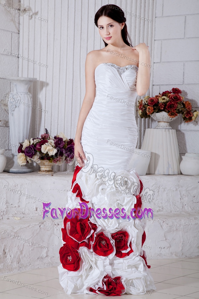 White Mermaid Sweetheart Taffeta Long Dress for Prom Queen with Flowers