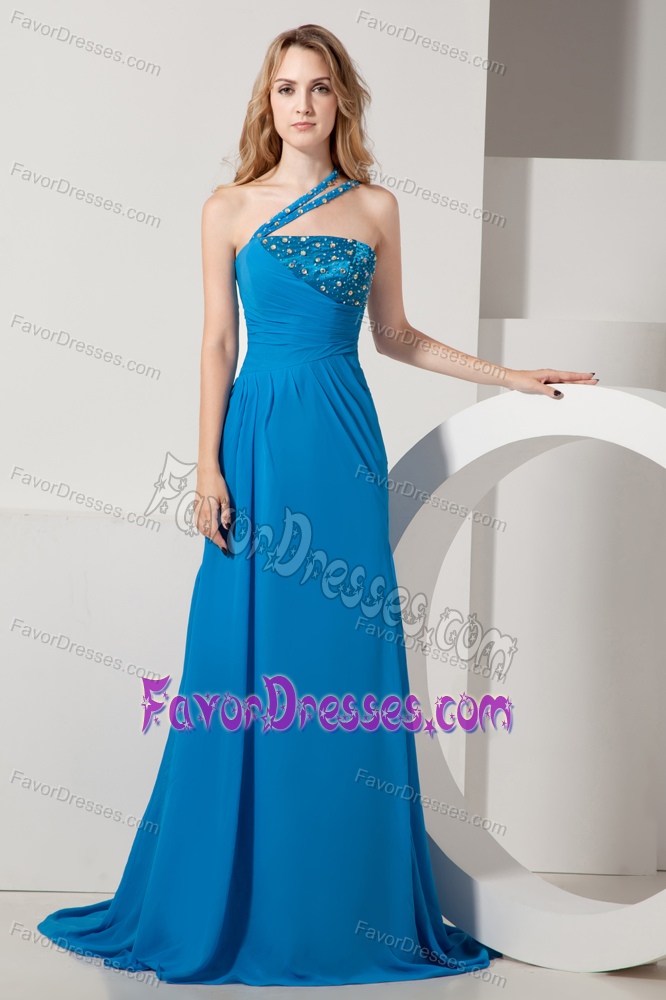 Blue Zipper-up Beaded Attractive Prom Formal Dress with Brush Train