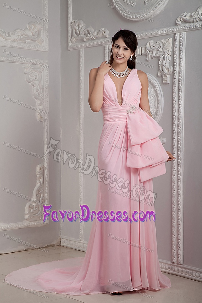 Lovely 2013 Baby Pink Empire V-neck Chiffon Beaded Prom Dress with Court Train