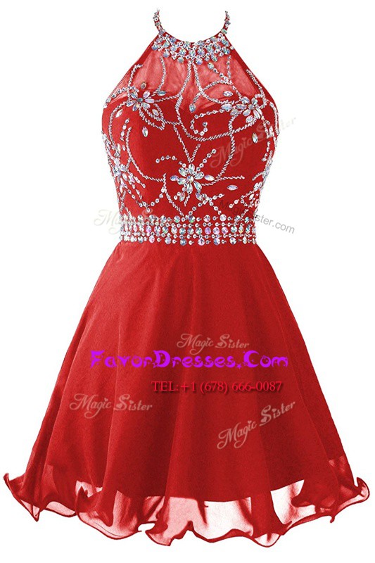 Great Red Homecoming Dress Prom and Party and For with Beading Halter Top Sleeveless Zipper