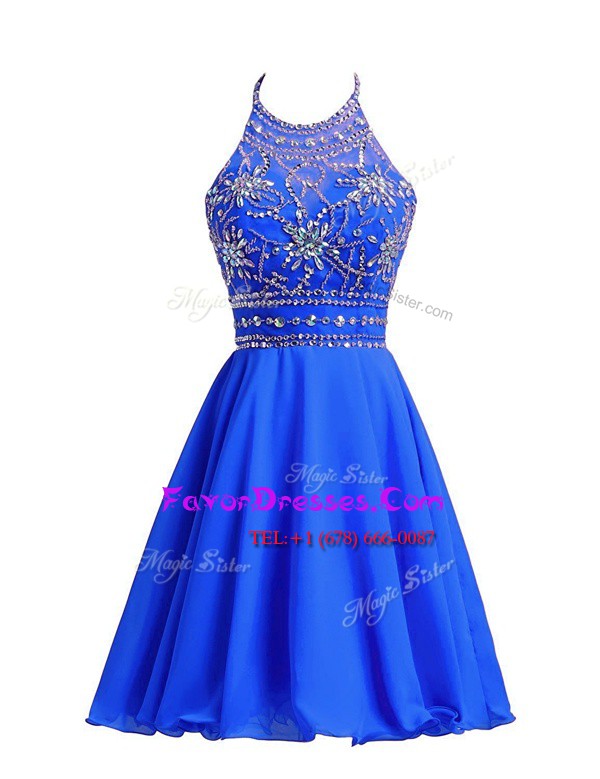 Super Halter Top Beading Prom Party Dress Royal Blue Zipper Sleeveless Knee Length