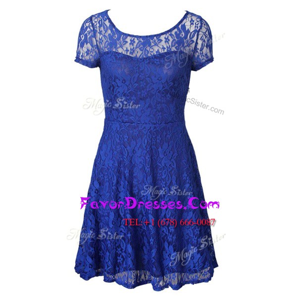 Custom Fit Scoop Blue Organza Side Zipper Prom Gown Short Sleeves Tea Length Lace