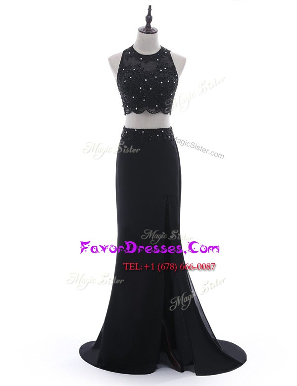 Wonderful Scoop Black Sleeveless Brush Train Beading and Lace With Train Prom Evening Gown