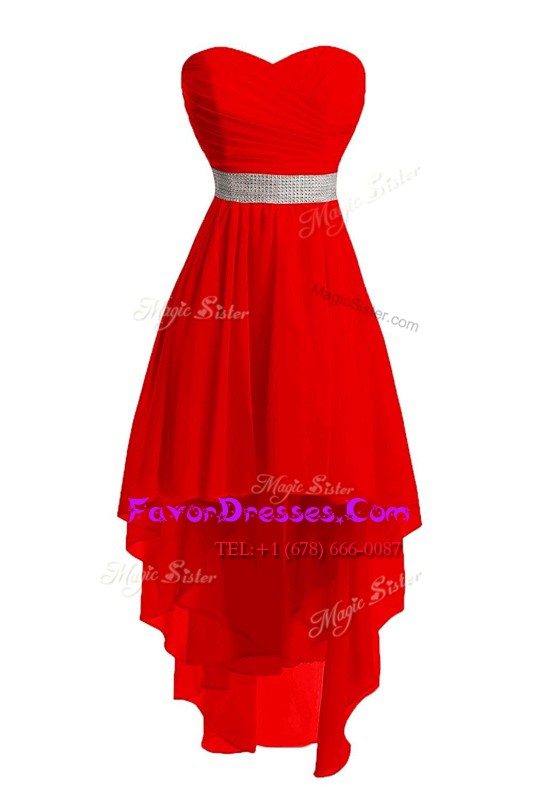  Belt Prom Gown Red Lace Up Sleeveless High Low