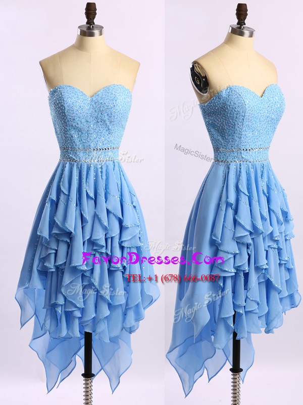 Free and Easy Asymmetrical Zipper Blue for Prom and Party with Beading and Ruffles