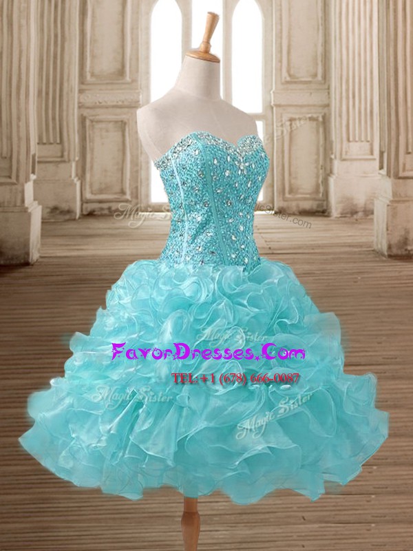 Fantastic Aqua Blue A-line Organza Sweetheart Sleeveless Beading and Ruffles Mini Length Lace Up Homecoming Dress