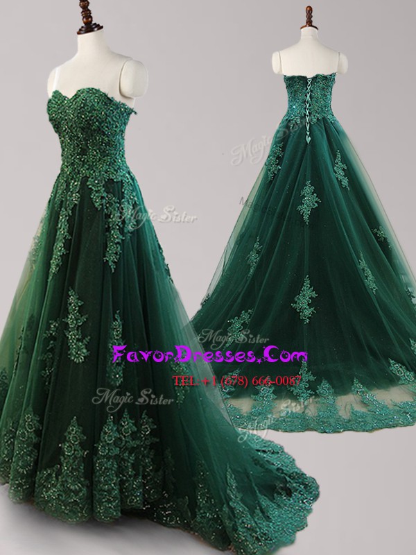 Stylish Sleeveless Beading and Appliques Lace Up Prom Gown with Dark Green Brush Train