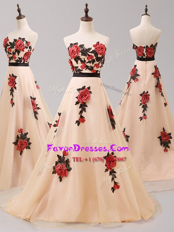  Zipper Prom Gown Champagne for Prom with Belt and Hand Made Flower Brush Train