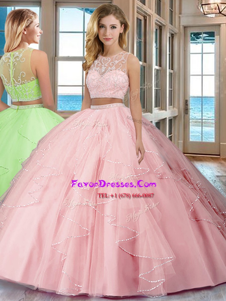 On Sale Scoop Baby Pink Tulle Zipper Sweet 16 Quinceanera Dress Sleeveless Floor Length Beading and Ruffles