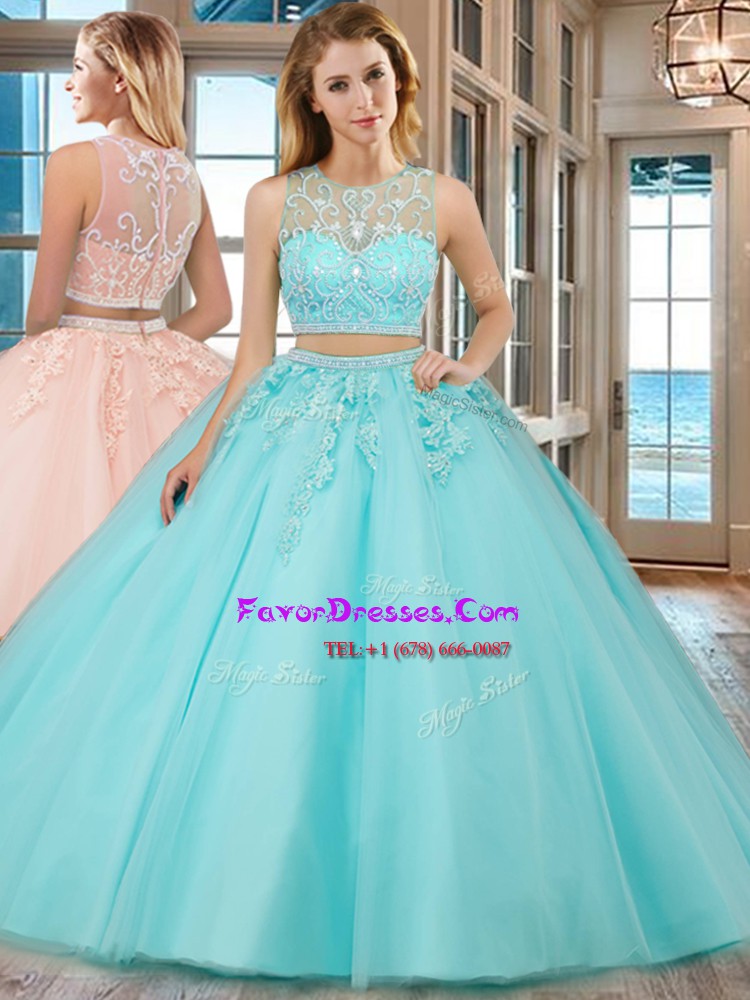  Aqua Blue Two Pieces Scoop Sleeveless Tulle Floor Length Zipper Beading and Appliques Quinceanera Dress