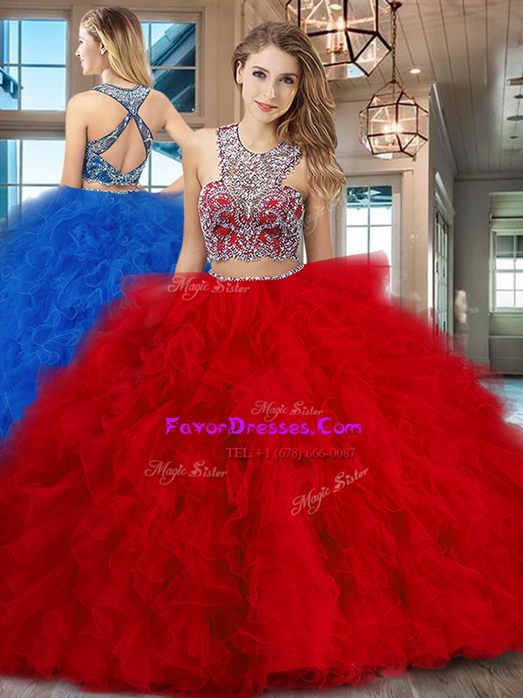  Scoop Sleeveless Brush Train Criss Cross Ball Gown Prom Dress Red Tulle