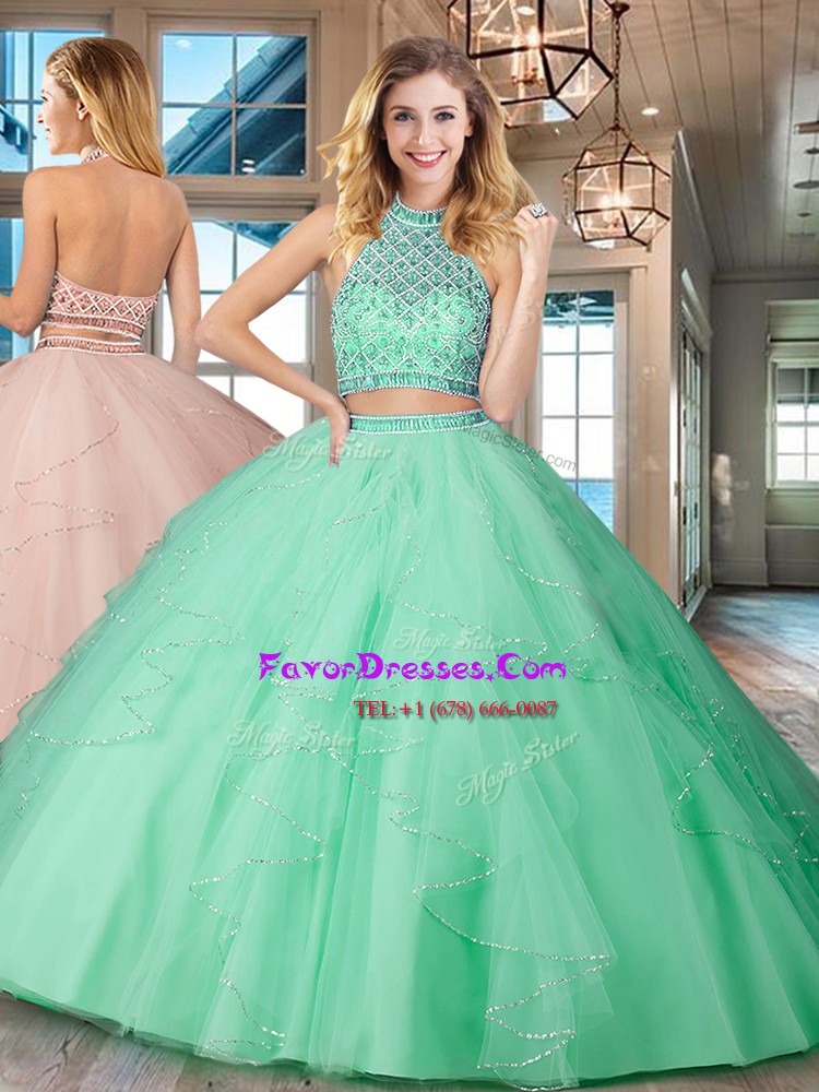  Halter Top Backless Tulle Sleeveless Floor Length Ball Gown Prom Dress and Beading and Ruffles