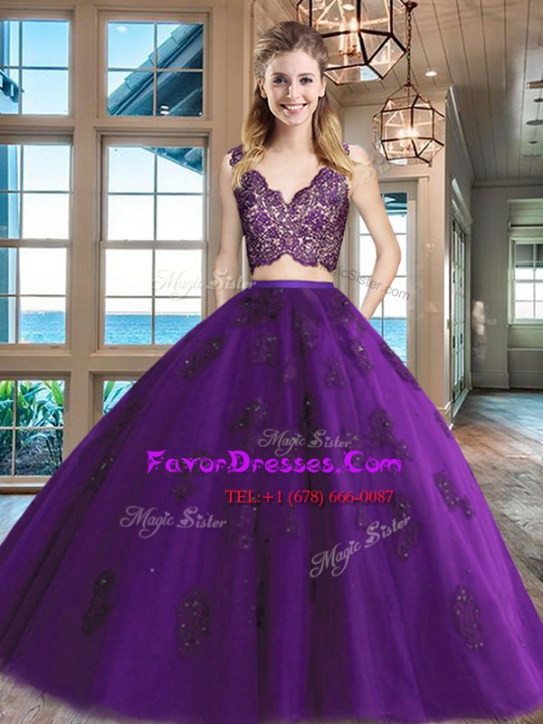 Discount Sleeveless Zipper Floor Length Lace and Appliques Quinceanera Gown